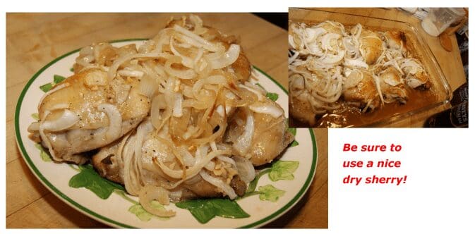 Roasted chicken thighs topped with sautéed onions