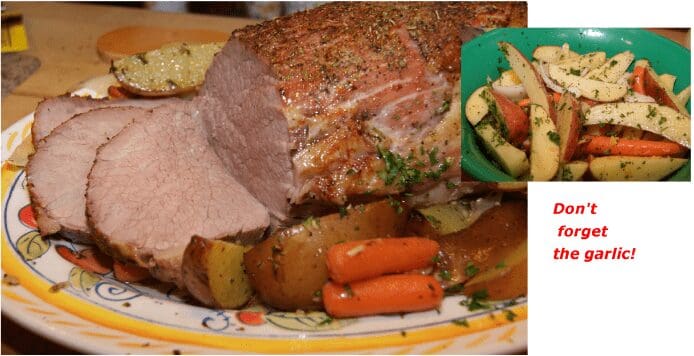 Roast beef with garlic potatoes and carrots