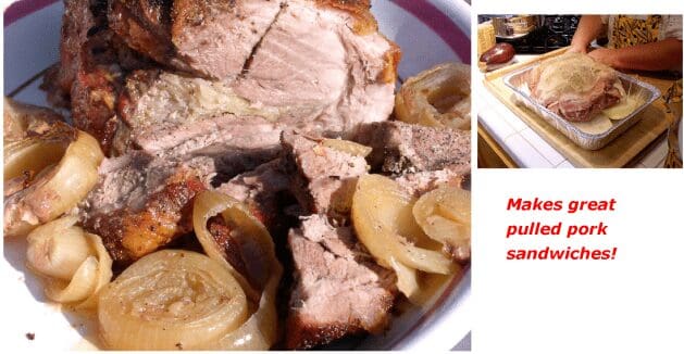 Roasted pork shoulder with caramelized onions