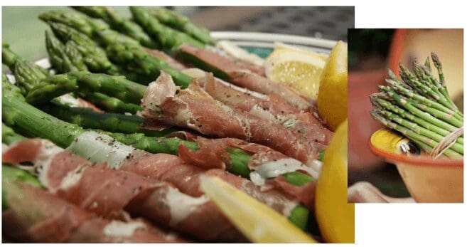 Prosciutto-wrapped asparagus spears with lemon