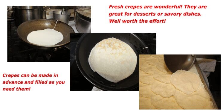 Crepes being poured, cooked and stacked