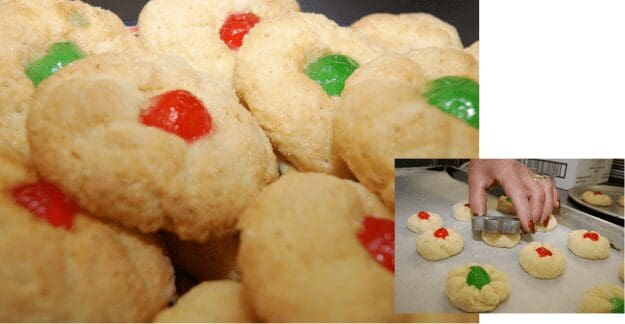 Thumbprint cookies with bright red and green centers