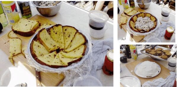 Sliced panettone ring with bowl of frosting