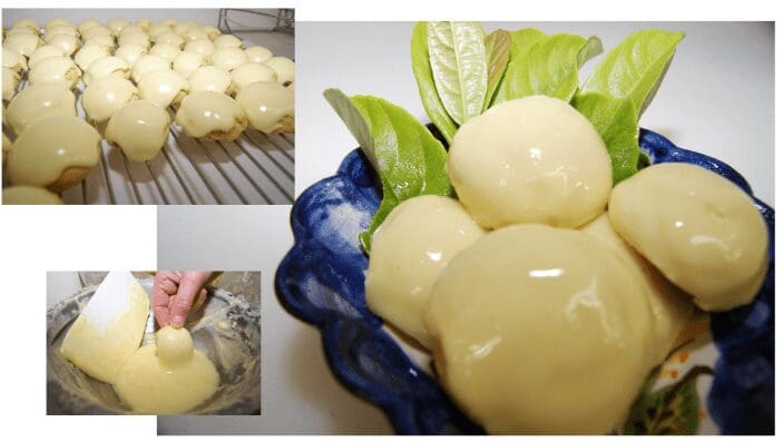 Glossy lemon-glazed dessert balls on plate