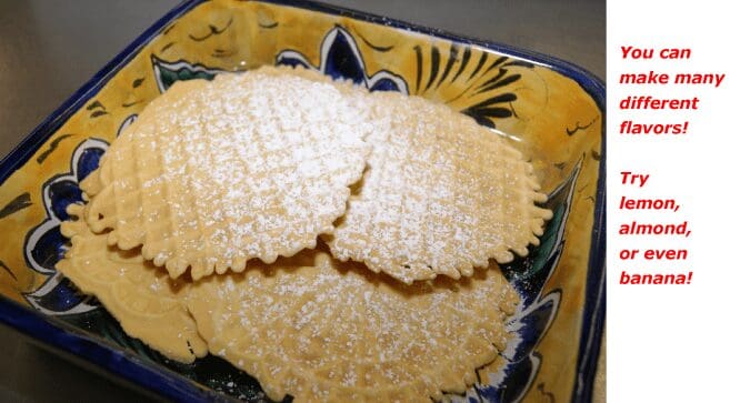 Powdered sugar cookies in colorful ceramic bowl