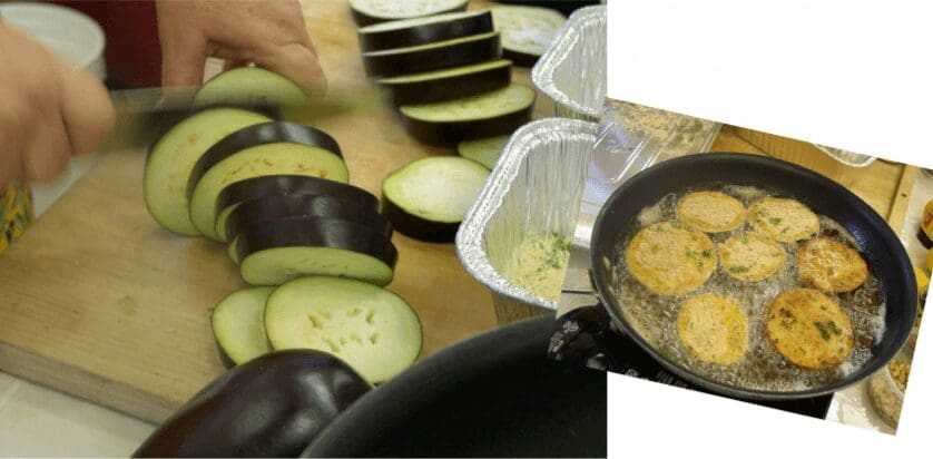 Breaded eggplant rounds frying beside sliced eggplant