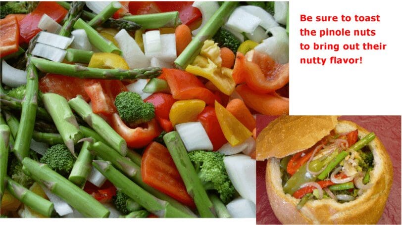 Mixed vegetables and bread bowl with instructions.