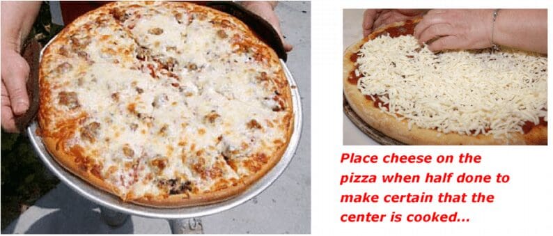 Hands adding cheese to pizza; baked pizza