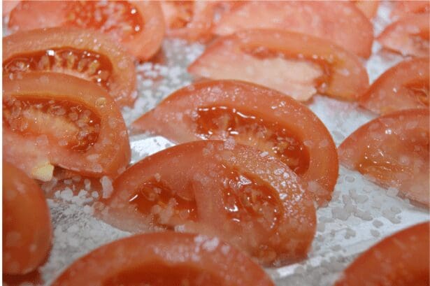 Tomato slices sprinkled with coarse sea salt
