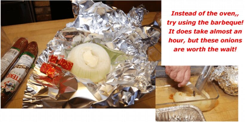 Foil-wrapped onions cooking on a barbecue